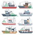 Fishing ocean boats. Commercial fisherman ships isolated vector set