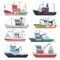Fishing ocean boats. Commercial trawlers, fisherman ships sea and river vessels isolated vector set