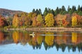 Fishing in October among fall foliage pond reflections Royalty Free Stock Photo
