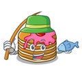 Fishing pancake with strawberry mascot cartoon