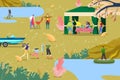 Fishing people in boat, outdoor activity vector illustration. Family picnic near water pond lake, recreation at nature