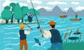 Fishing. People fish with rods from shore or on boat. Scene with happy fishermen on lake. Recreational activity and