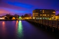 Fishing pier and the waterfront at night, in Havre de Grace, Mar Royalty Free Stock Photo