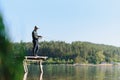 Fishing for pike, perch, carp. Fisherman with rod, spinning reel on river bank. Man catching fish, pulling rod while fishing on Royalty Free Stock Photo