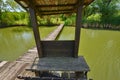 Fishing place with shelter at the lake from Hanul Pescarilor restaurant in Oradea. Royalty Free Stock Photo