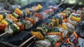 Fishing poles rest against a tree while freshcaught fish sizzle on the grill accompanied by a colorful array of