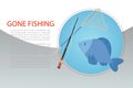 Fishing poster with fish and rod, hooks, fisher scoop-net vector cartoon illustration. Royalty Free Stock Photo