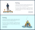 Fishing Posters Set and Men Vector Illustration