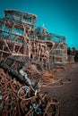 Fishing pots or traps stacked on a dock or quay Royalty Free Stock Photo