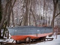 Fishing recreation center. retro boat. winter Royalty Free Stock Photo