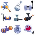 Fishing reel icons set, cartoon style Royalty Free Stock Photo