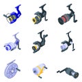 Fishing reel icons set, isometric style Royalty Free Stock Photo