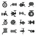 Fishing reel icons set, simple style