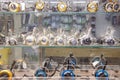 Fishing reels in a tackle shop glass cabinet Royalty Free Stock Photo