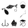 Fishing and rest black icons in set collection for design. Tackle for fishing vector symbol stock web illustration. Royalty Free Stock Photo