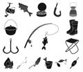 Fishing and rest black icons in set collection for design. Tackle for fishing vector symbol stock web illustration. Royalty Free Stock Photo