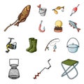 Fishing and rest cartoon icons in set collection for design. Tackle for fishing vector symbol stock web illustration. Royalty Free Stock Photo