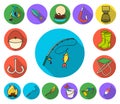 Fishing and rest flat icons in set collection for design. Tackle for fishing vector symbol stock web illustration. Royalty Free Stock Photo