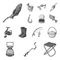 Fishing and rest monochrome icons in set collection for design. Tackle for fishing vector symbol stock web illustration. Royalty Free Stock Photo