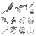 Fishing and rest monochrome icons in set collection for design. Tackle for fishing vector symbol stock web illustration. Royalty Free Stock Photo