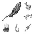 Fishing and rest monochrome icons in set collection for design. Tackle for fishing vector symbol stock web illustration. Royalty Free Stock Photo