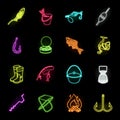 Fishing and rest neon icons in set collection for design. Tackle for fishing vector symbol stock web illustration. Royalty Free Stock Photo