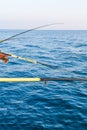 Fishing rod against the sea water surface. sea fishing. copyspace. vertical photo Royalty Free Stock Photo