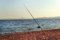 Fishing rod on beach shore at sunset