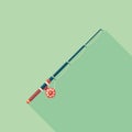 Fishing rod flat square icon with long shadows. Royalty Free Stock Photo