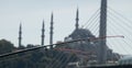 Fishing rod in front of the deliberately blurred backdrop of a mosque with dome and minarets.