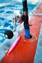 Fishing Rod and Jig Lure Close Up on fishing boat at Andaman sea Royalty Free Stock Photo