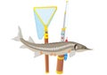 Fishing rod, net and sturgeon