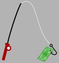 A fishing rod picking up a banknote