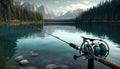 fishing rod reel on the background of the lake. Royalty Free Stock Photo