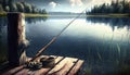 fishing rod reel on the background of the lake. Royalty Free Stock Photo