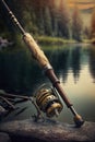 fishing rod reel on the background of the lake. Royalty Free Stock Photo