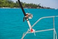 Fishing rod and reel on a boat Royalty Free Stock Photo