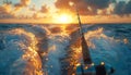 fishing rod with reel fixed on deck stern close up photo. Speed boat rides fast in open ocean waves Evening sunset time sport