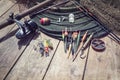 Fishing rod, reel, floats and tackle background Royalty Free Stock Photo