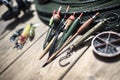 Fishing rod, reel, floats and tackle background Royalty Free Stock Photo