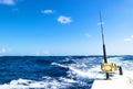 Fishing rod in a saltwater boat during fishery day in blue ocean