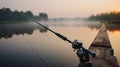 Fishing rod, spinning reel on the background pier river bank. Sunrise. Fog against the backdrop of lake. Generative AI Royalty Free Stock Photo