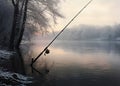 Fishing rod, spinning reel on the background pier river bank. Sunrise. Fog against the backdrop of lake. Misty morning Royalty Free Stock Photo