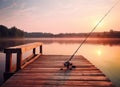 Fishing rod, spinning reel on the background pier river bank. Sunrise. Fog against the backdrop of lake. Misty morning Royalty Free Stock Photo