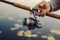 Fishing rod with a spinning reel in the hands of a fisherman.