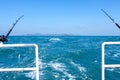 Fishing rod and squid hanging on fishing line are prepared to offshore fishing on the boat in ocean