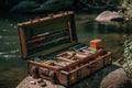 A Fishing Rod And Tackle Box By A River. Generative AI Royalty Free Stock Photo