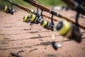 Fishing rods are lined up by the lake to wait for fish to eat bait Royalty Free Stock Photo