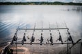 Fishing rods are lined up by the lake to wait for fish to eat bait Royalty Free Stock Photo