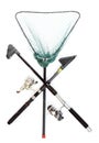 Fishing rods with reels and landing net. Royalty Free Stock Photo